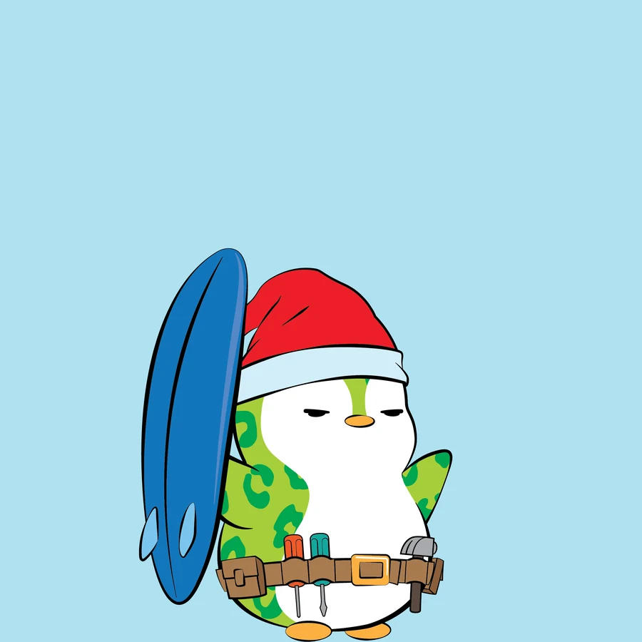 Jess&rsquo;s Lil Pudgy #20873, a penguin in a Santa hat holding a surfboard